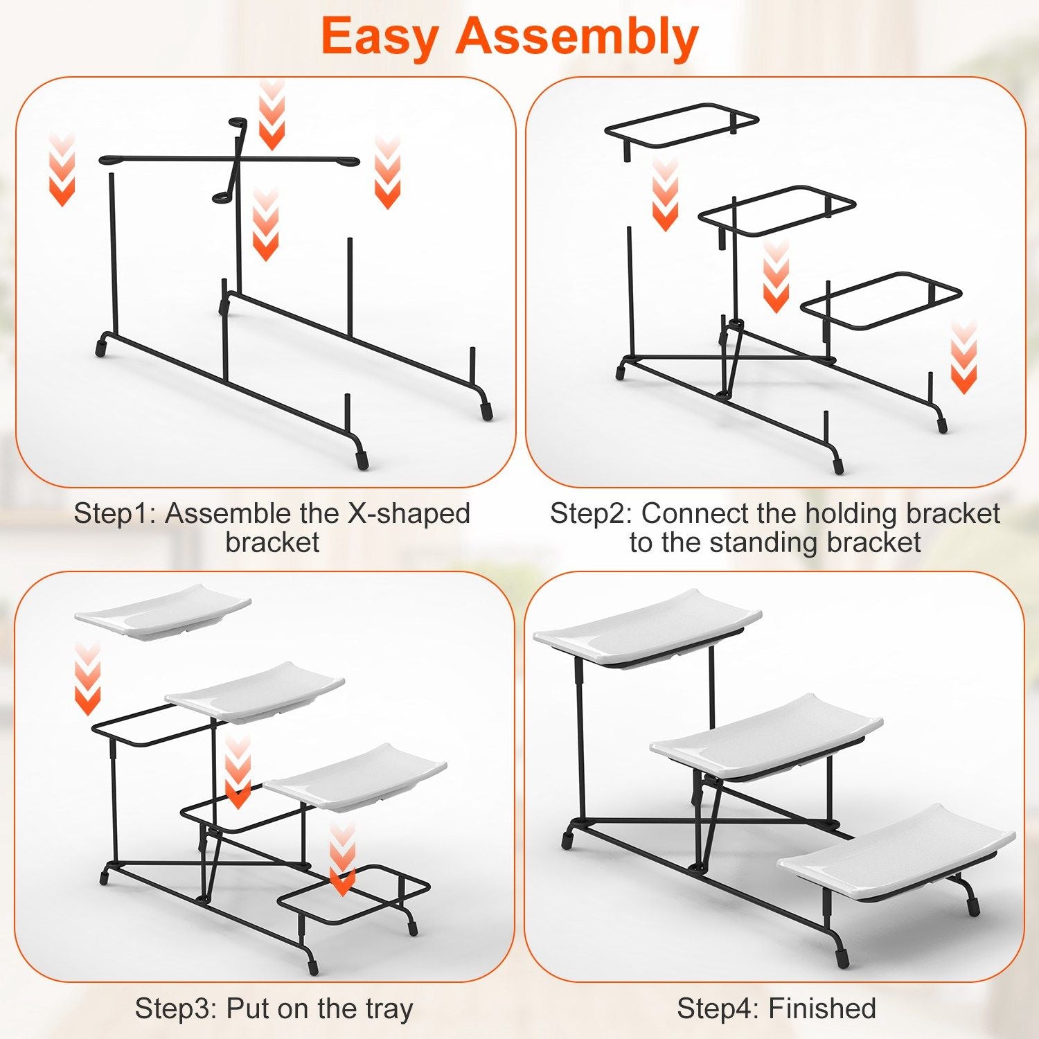 Easy assembly instructions for a multi-tiered metal tray stand, showing four steps: assembling the X-shaped bracket, connecting the holding bracket, placing the trays, and viewing the finished product.