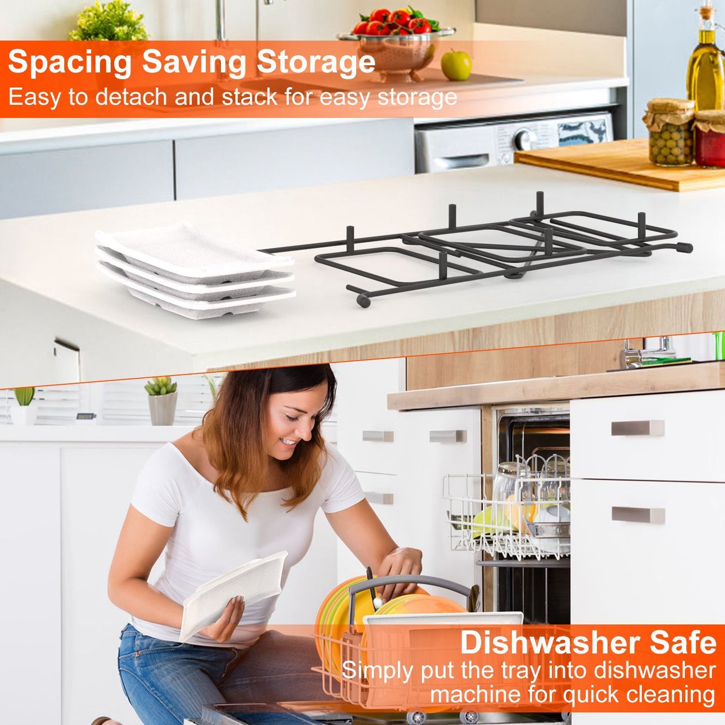 Spacing saving kitchen storage rack with dishwasher-safe features; shown with a woman handling plates and a dish rack in a modern kitchen setting.