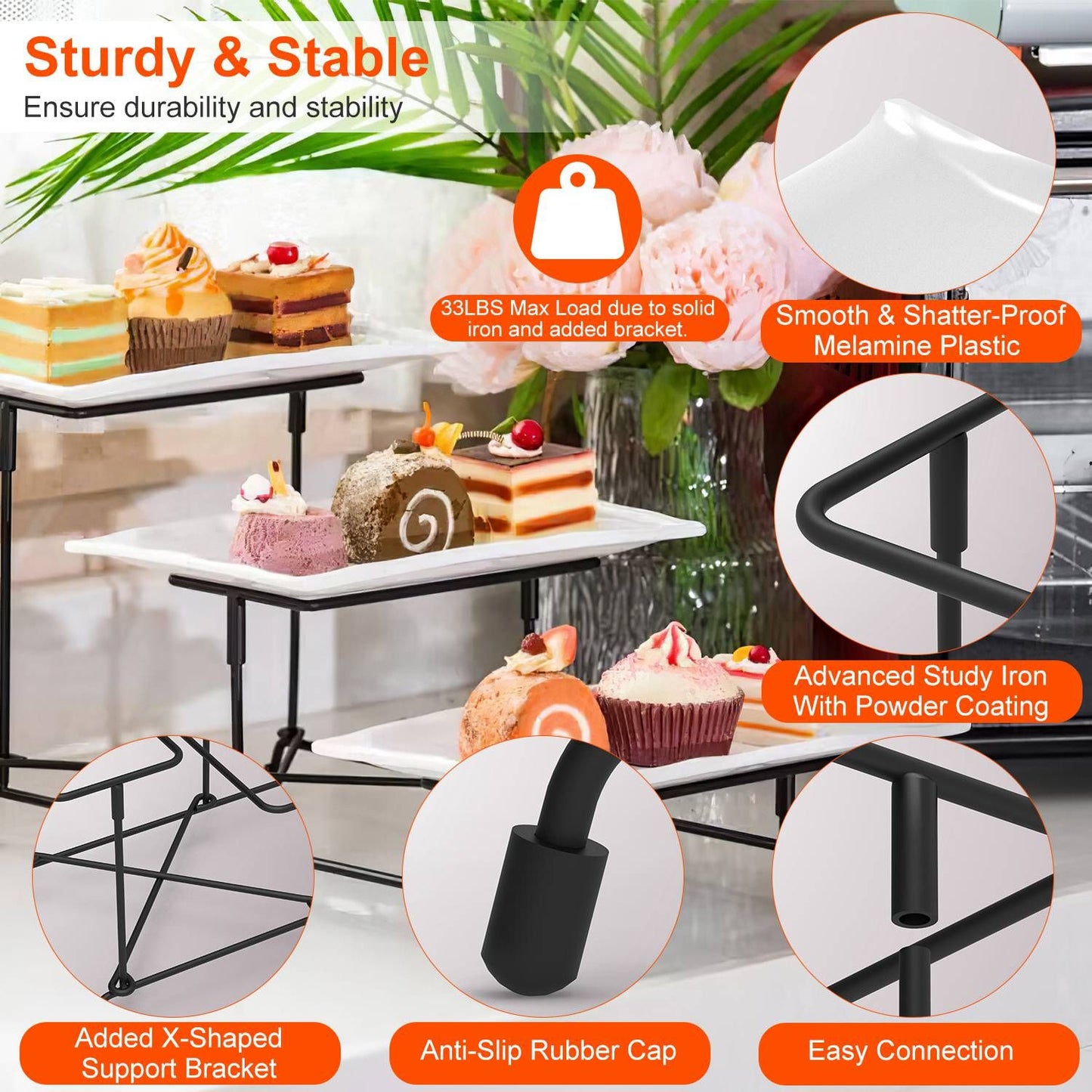 Three-tier dessert display stand featuring a sturdy iron frame and melamine plates, showcasing colorful pastries and cupcakes, highlighted with features like anti-slip rubber caps and X-shaped support brackets for added stability.