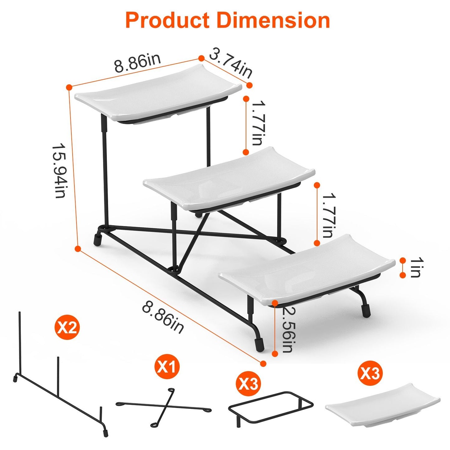Product dimensions illustration of a three-tiered serving cart with white trays and black metal frame, showcasing measurements of 8.86 inches wide, 15.94 inches high, and detailed part counts for assembly.