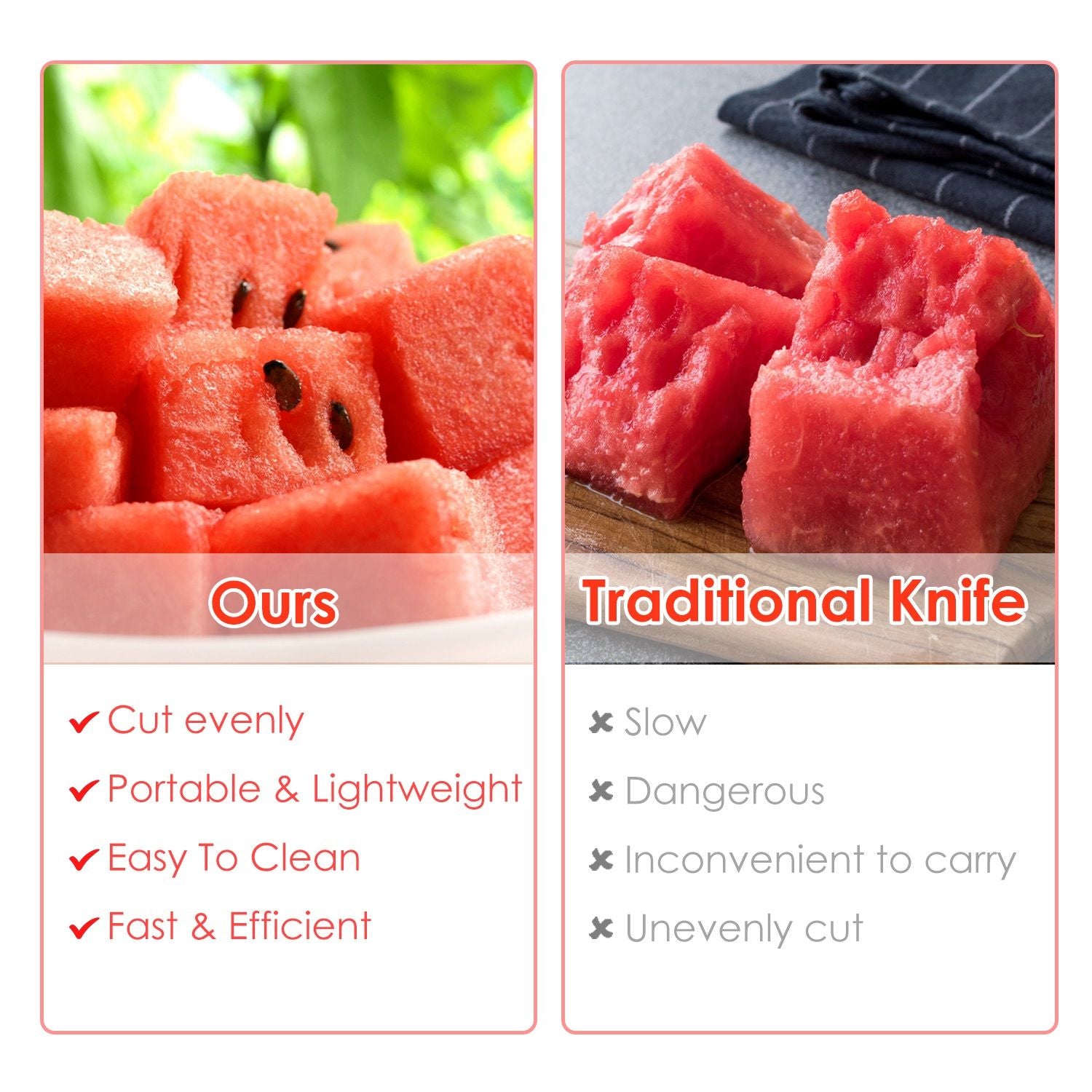 Image comparing watermelon cubes cut using a specialized tool versus a traditional knife, highlighting benefits of the tool such as even cuts, portability, and ease of cleaning, against the drawbacks of using a knife like slow cutting and uneven pieces.
