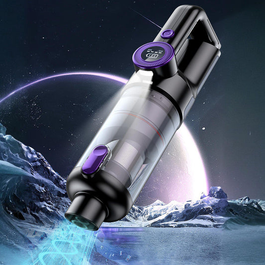 Cordless handheld vacuum cleaner with transparent dust bin, purple accent, and powerful suction showcased against a cosmic backdrop of icy mountains and planets, emphasizing modern design and functionality.