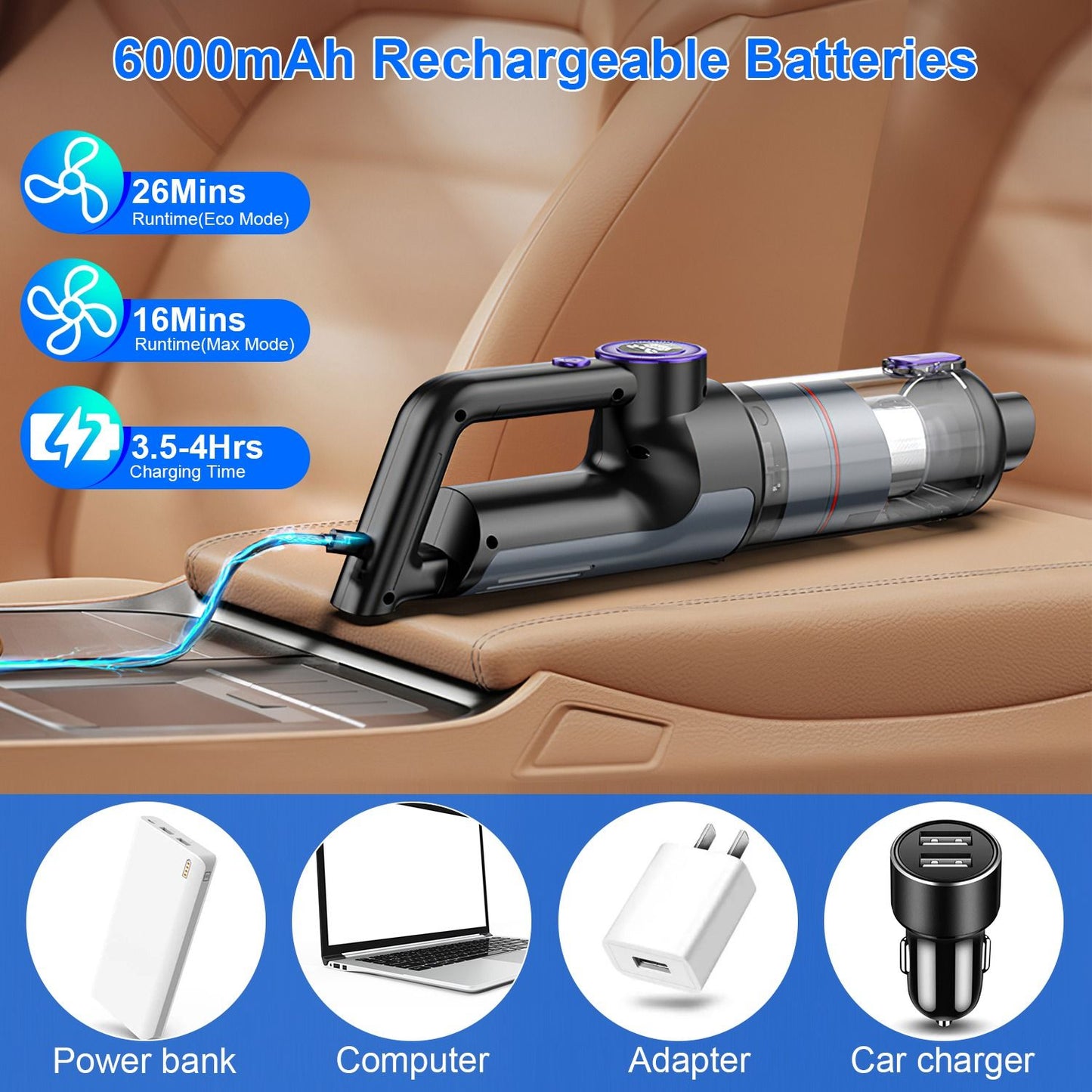 Portable handheld vacuum cleaner with 6000mAh rechargeable batteries, featuring 26 minutes of eco mode runtime, 16 minutes of max mode runtime, and 3.5-4 hours charging time, placed on a beige car seat.