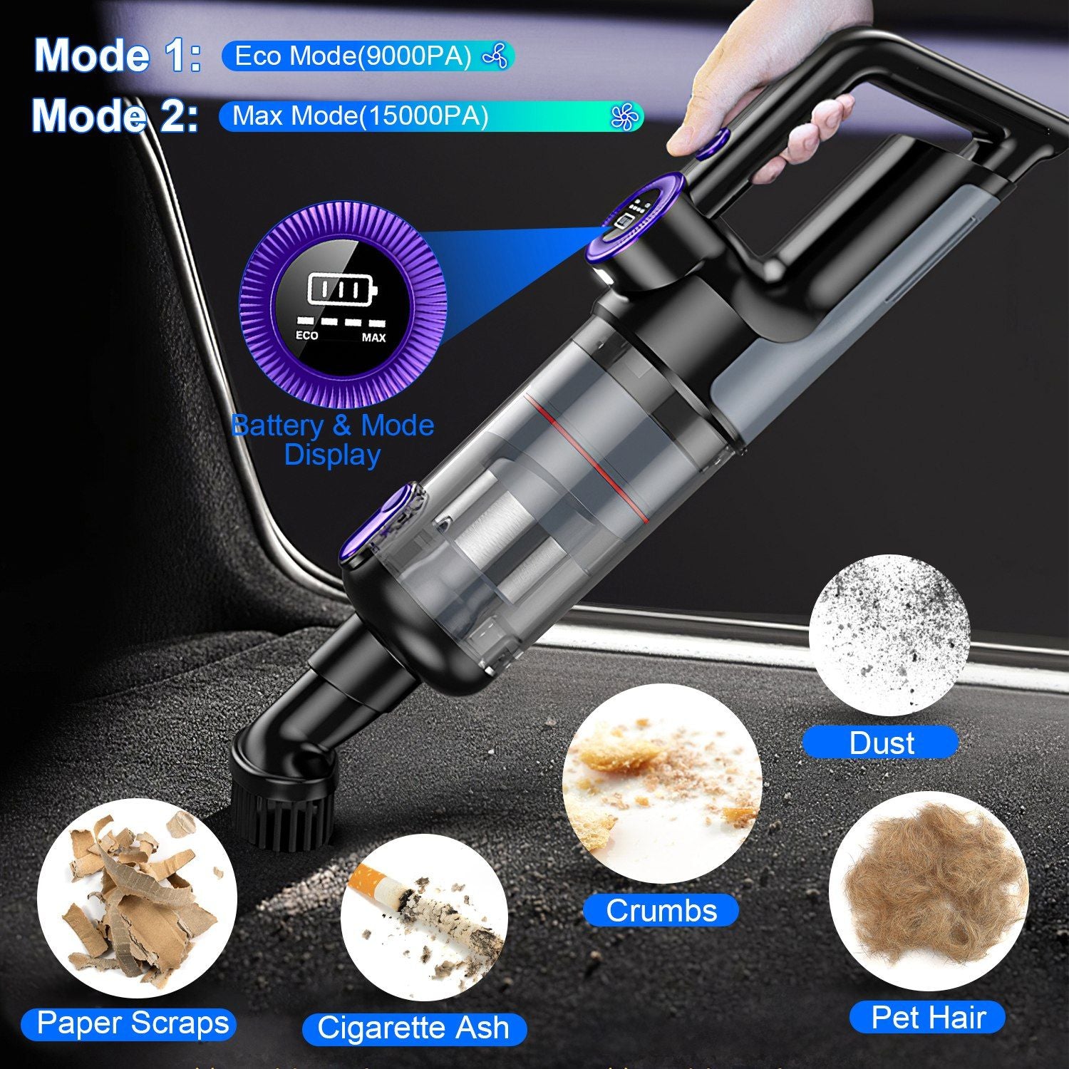 Compact handheld vacuum cleaner with eco and max modes, displaying battery life and designed for efficient cleanup of dust, pet hair, cigarette ash, and crumbs on upholstery and car interiors.