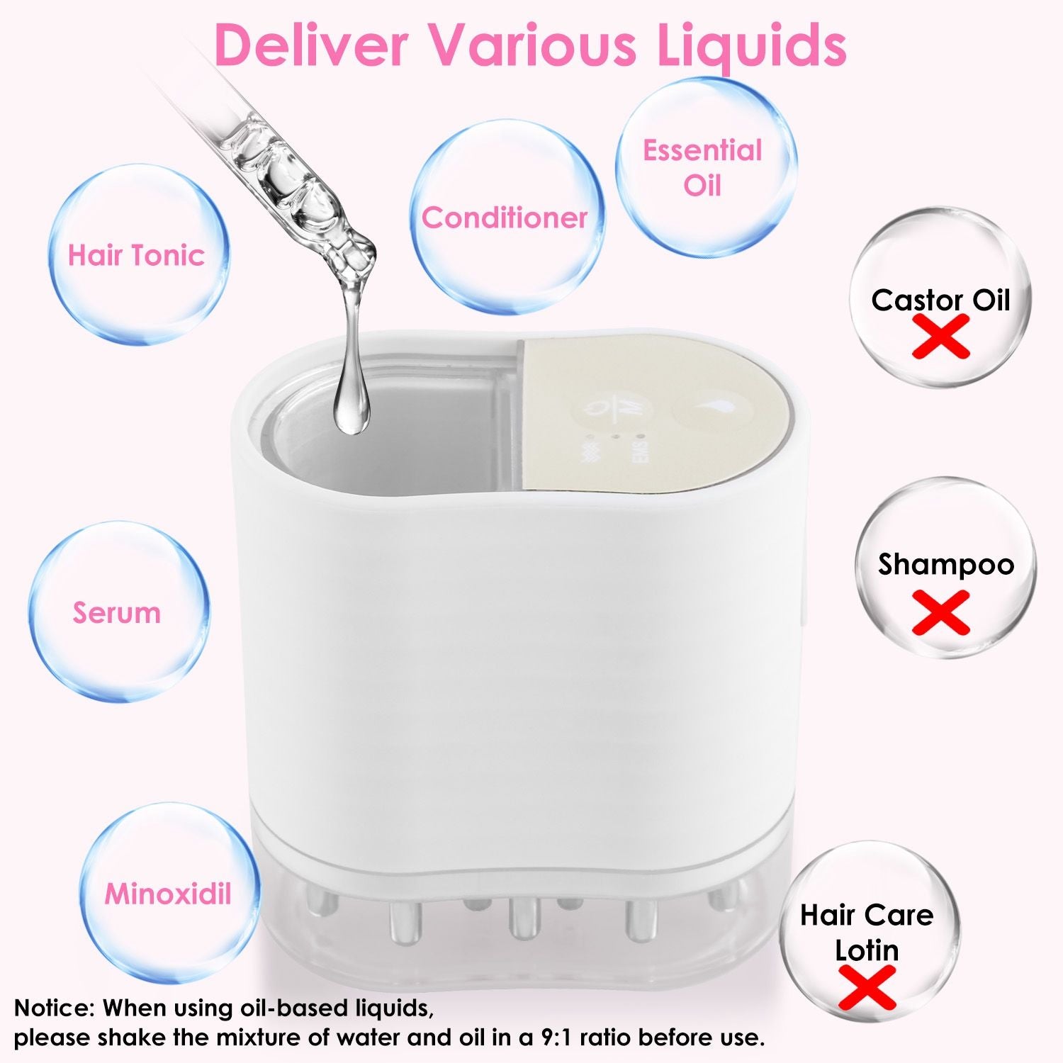 Compact liquid delivery device for hair treatments showcasing dropper application, suitable for various liquids like hair tonic, serum, and essential oils, with guidelines on usage.