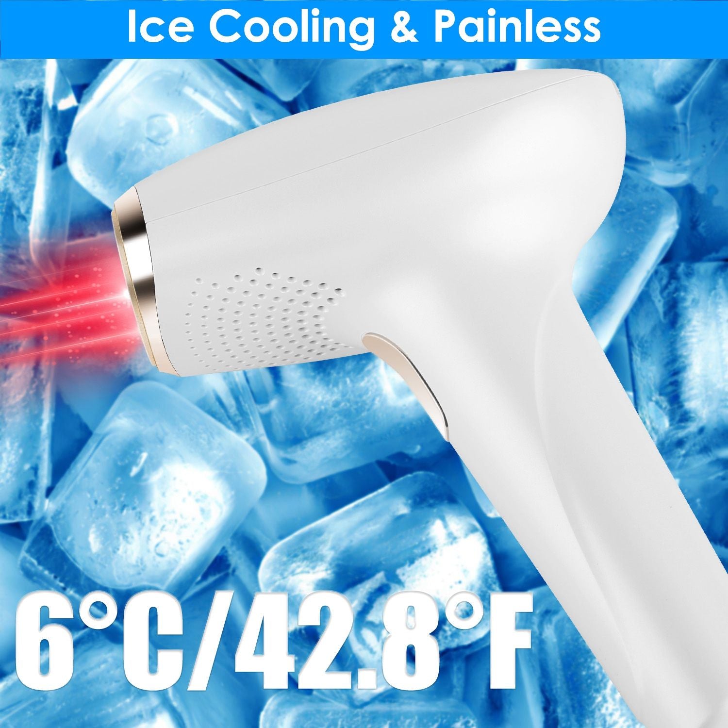 White ice cooling laser hair removal device with a glowing red light effect, set against a backdrop of ice cubes and featuring the text "6°C/42.8°F" for effective, painless hair removal.
