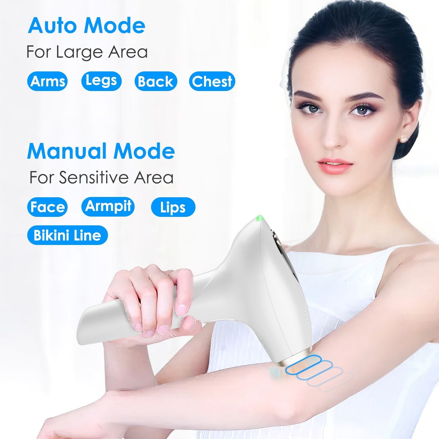 Handheld laser hair removal device being used on the arm, featuring options for Auto Mode for larger areas and Manual Mode for sensitive areas like the face and bikini line, with clear instructions displayed.