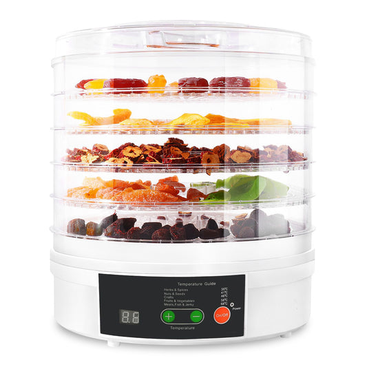 Image of a multi-tier food dehydrator with transparent trays filled with assorted dried fruits, herbs, and vegetables, featuring a digital control panel for temperature settings.