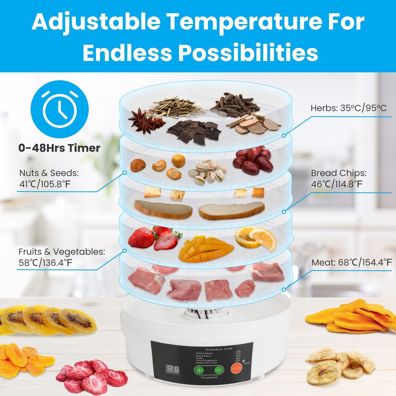 Adjustable food dehydrator with multi-layer trays displaying various dehydrated foods including herbs, nuts, seeds, fruits, vegetables, meat, and bread chips, featuring a timer and temperature guide for optimal drying conditions.