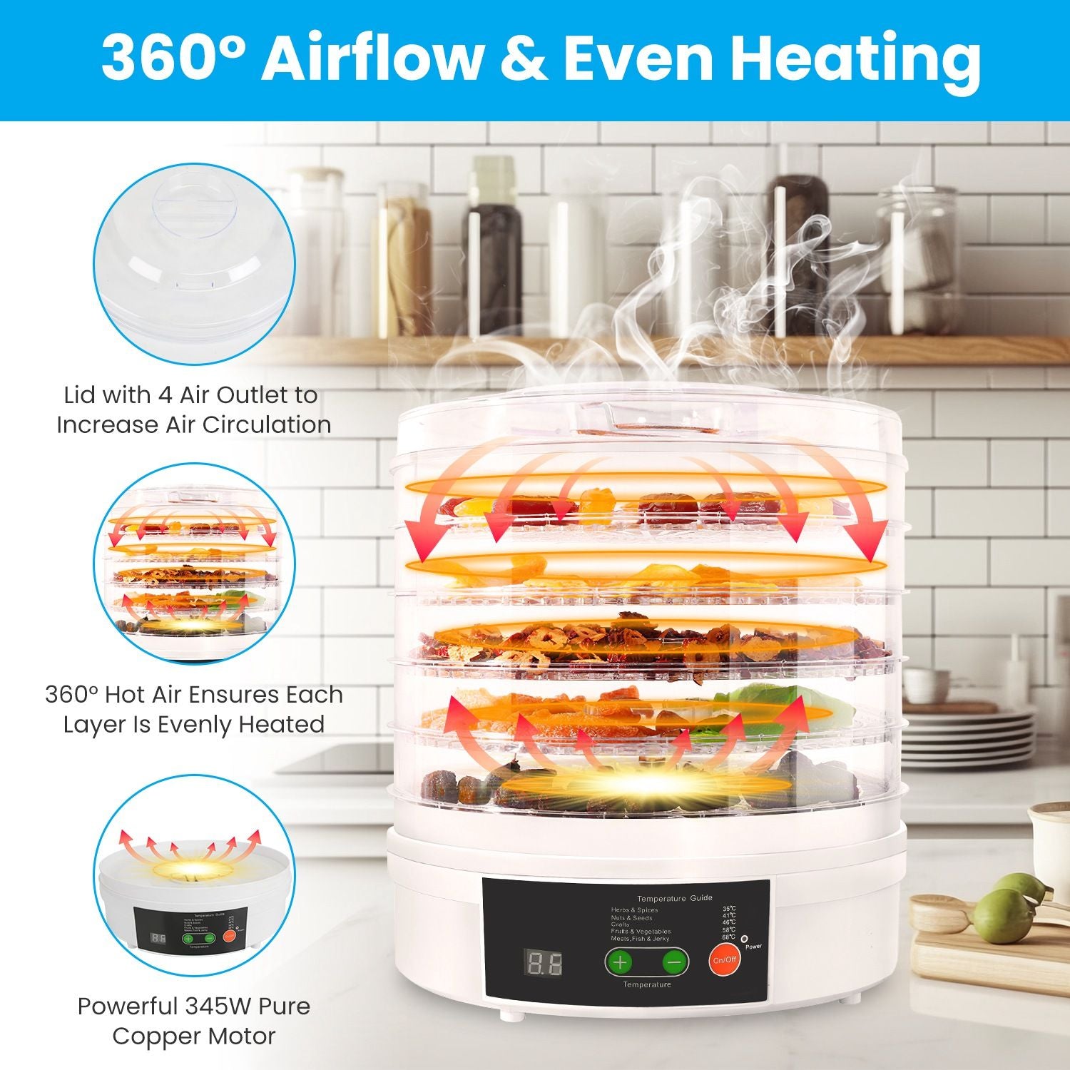 Image of a food dehydrator with multiple transparent trays, demonstrating 360-degree airflow and even heating, featuring a digital control panel and steam rising, set against a modern kitchen backdrop.