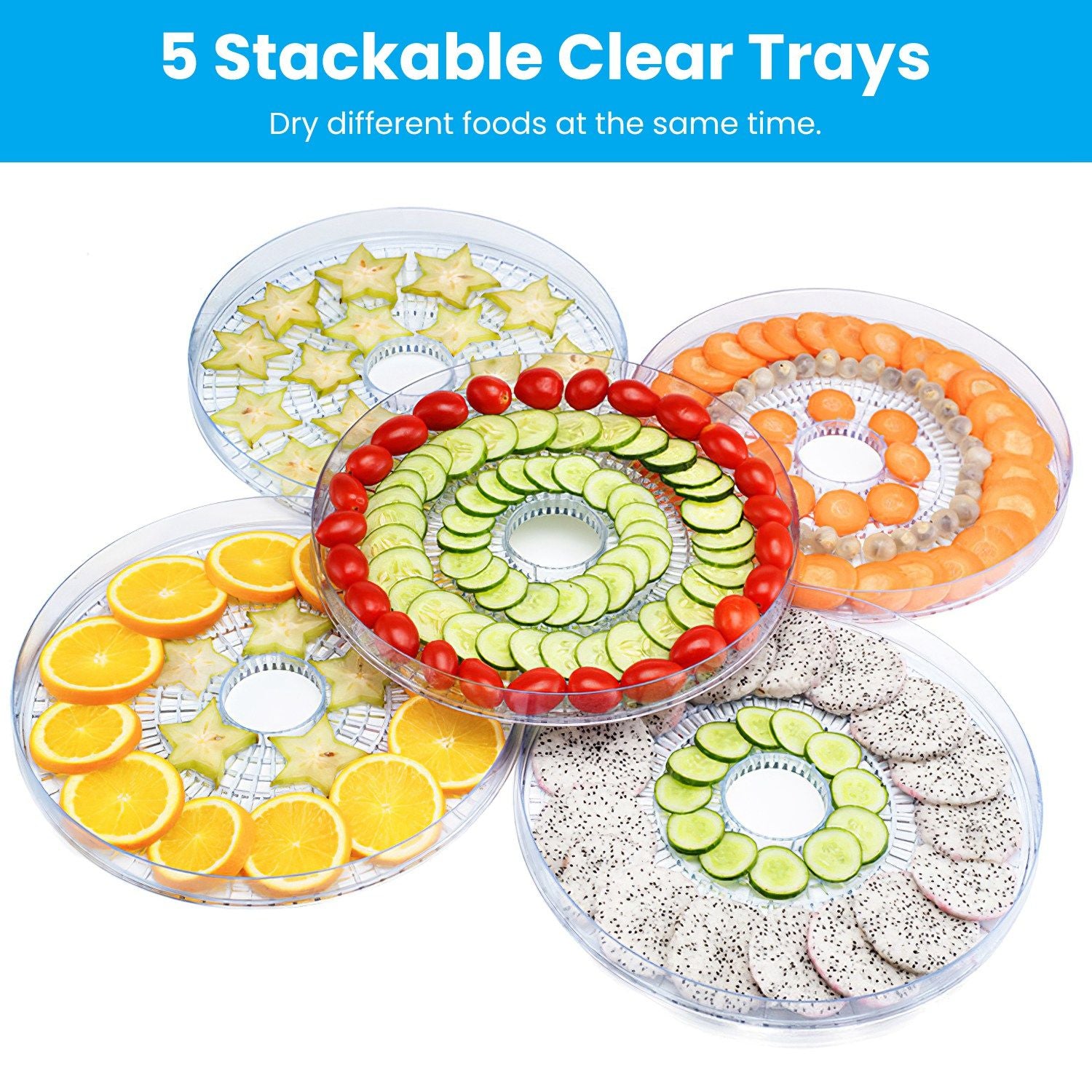 Stackable clear trays for food drying featuring five different compartments with assorted fruits and vegetables, including star-shaped kiwi, cucumber slices, orange halves, cherry tomatoes, and more, all visually appealing and perfect for efficient drying.