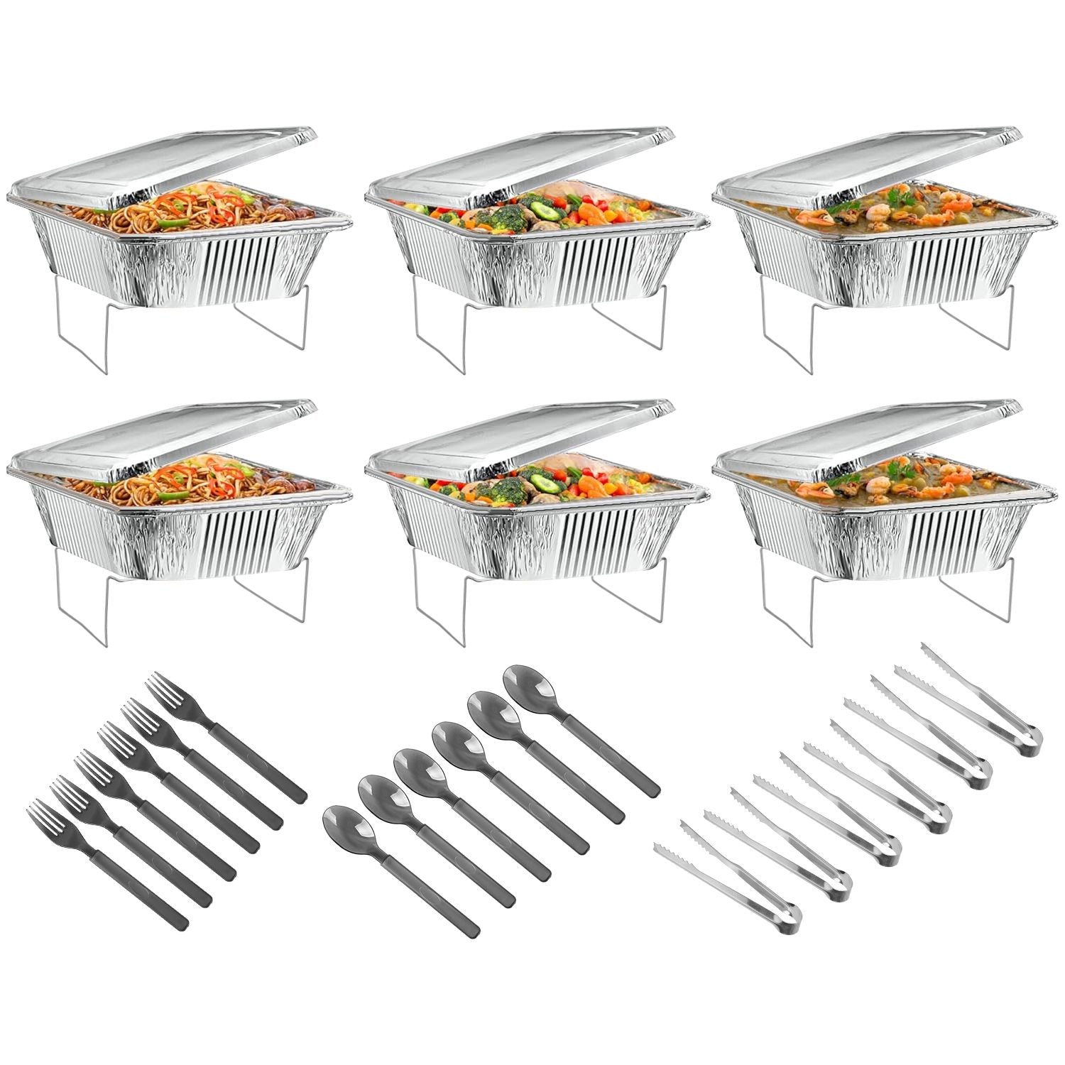 Set of six chafing dishes with lids filled with colorful stir-fried vegetables and noodles, accompanied by forks and spoons for serving, ideal for catering and buffet events.