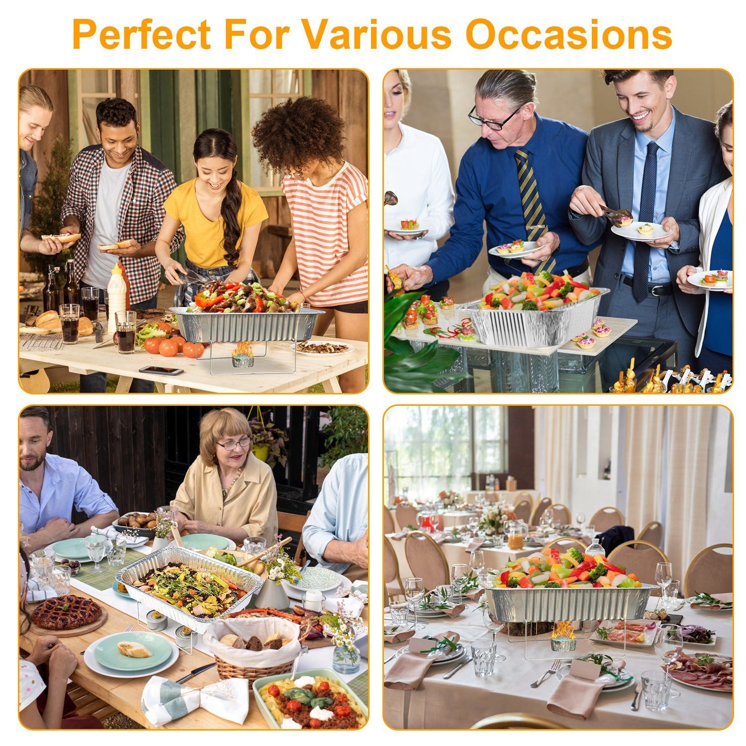 A collection of four images showcasing a versatile food serving tray filled with various dishes, perfect for gatherings, picnics, and formal events, surrounded by diverse groups of people enjoying meals together.