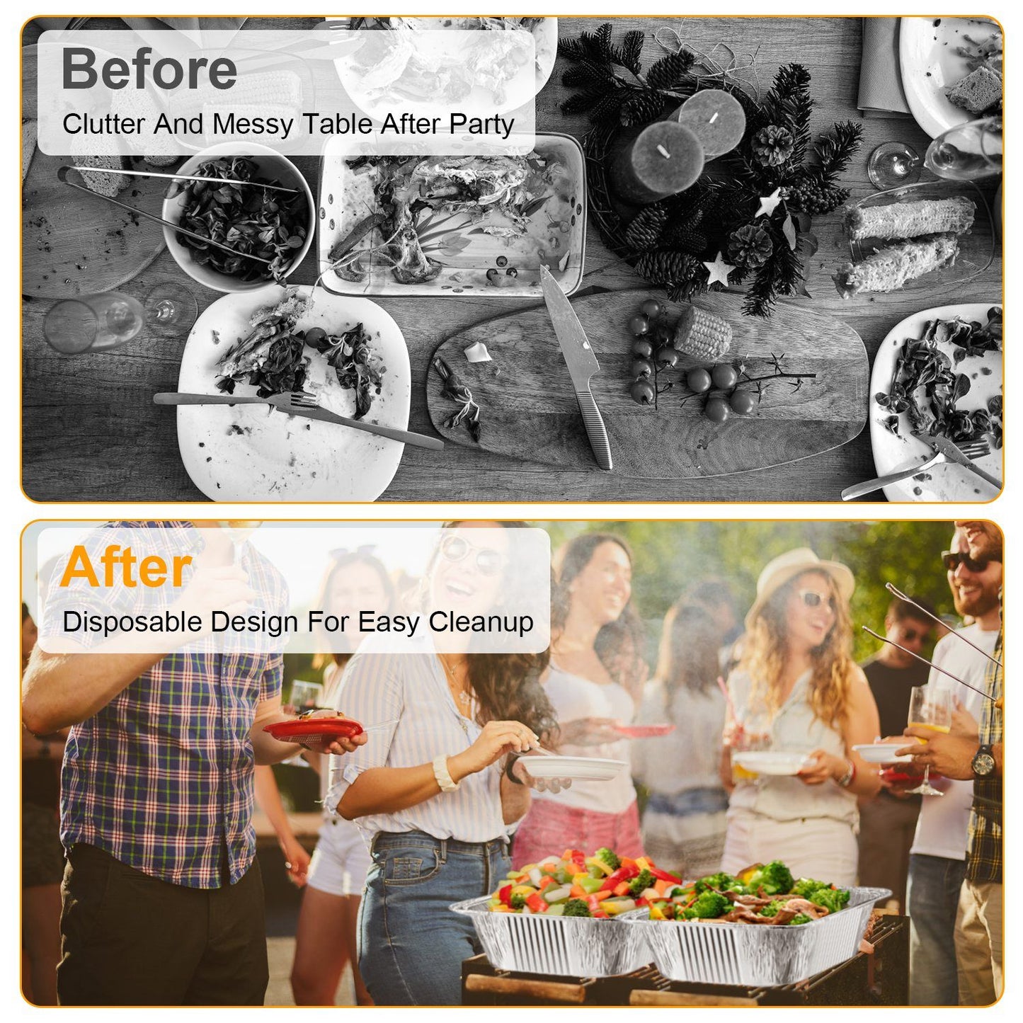 Before and after image showcasing a messy party table with leftover food contrasted with a cheerful outdoor gathering using disposable plates and easy cleanup solutions.