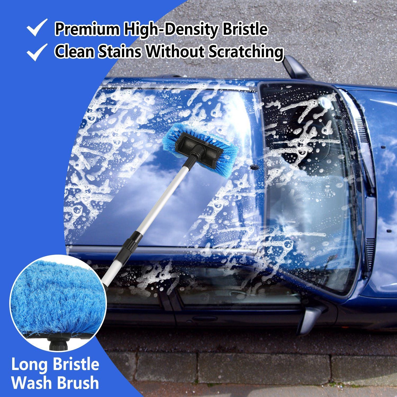 Premium long bristle wash brush cleaning car surface with soap and water, showcasing features like high-density bristles for scratch-free stain removal.