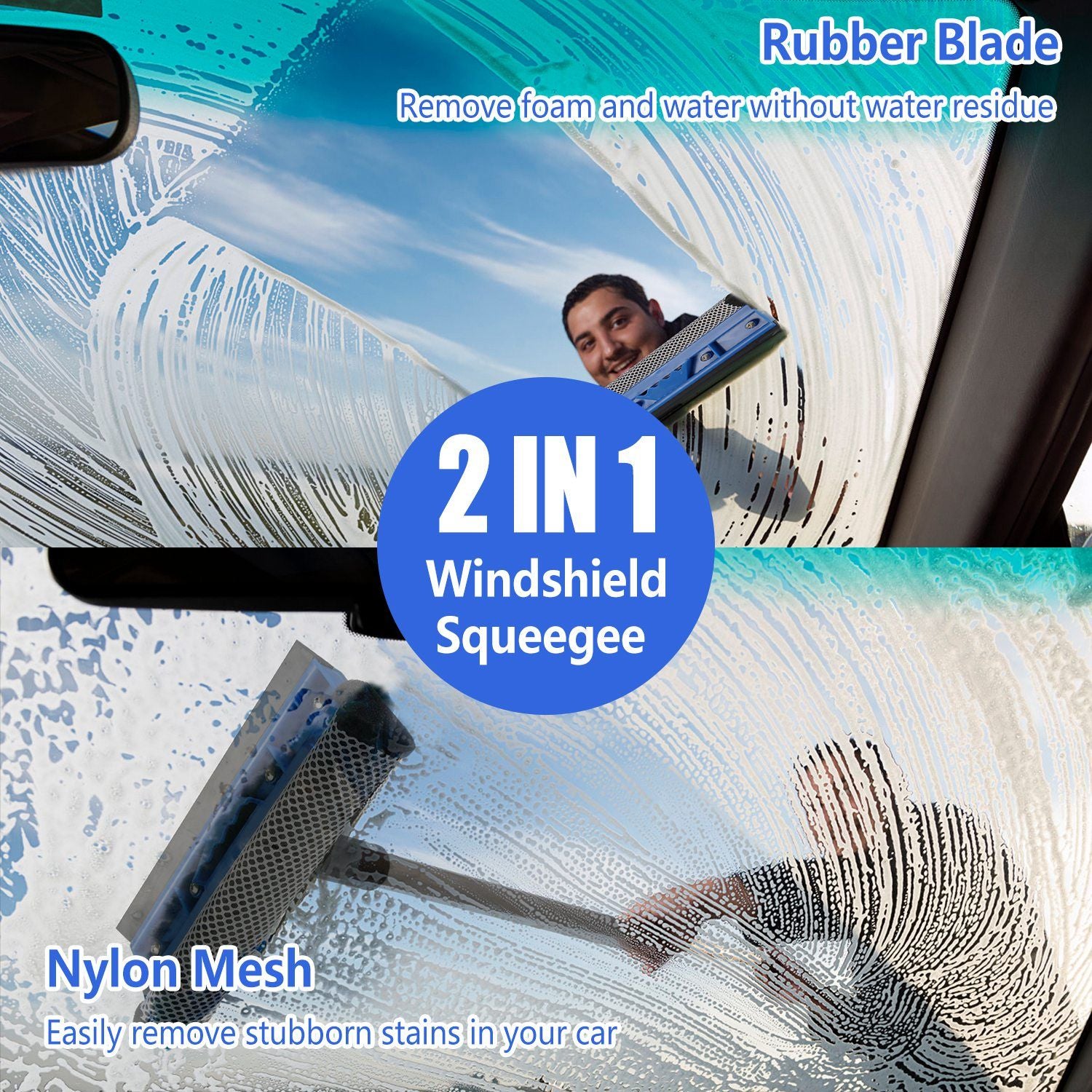 2 in 1 Windshield Squeegee with rubber blade and nylon mesh, designed to effectively remove foam, water, and stubborn stains from car windows for crystal-clear visibility.