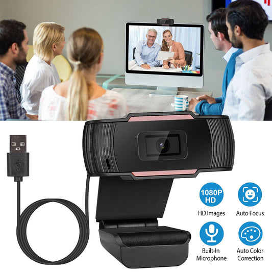 HD USB webcam with built-in microphone, featuring 1080P resolution, auto focus, and auto color correction, ideal for video calls and streaming.