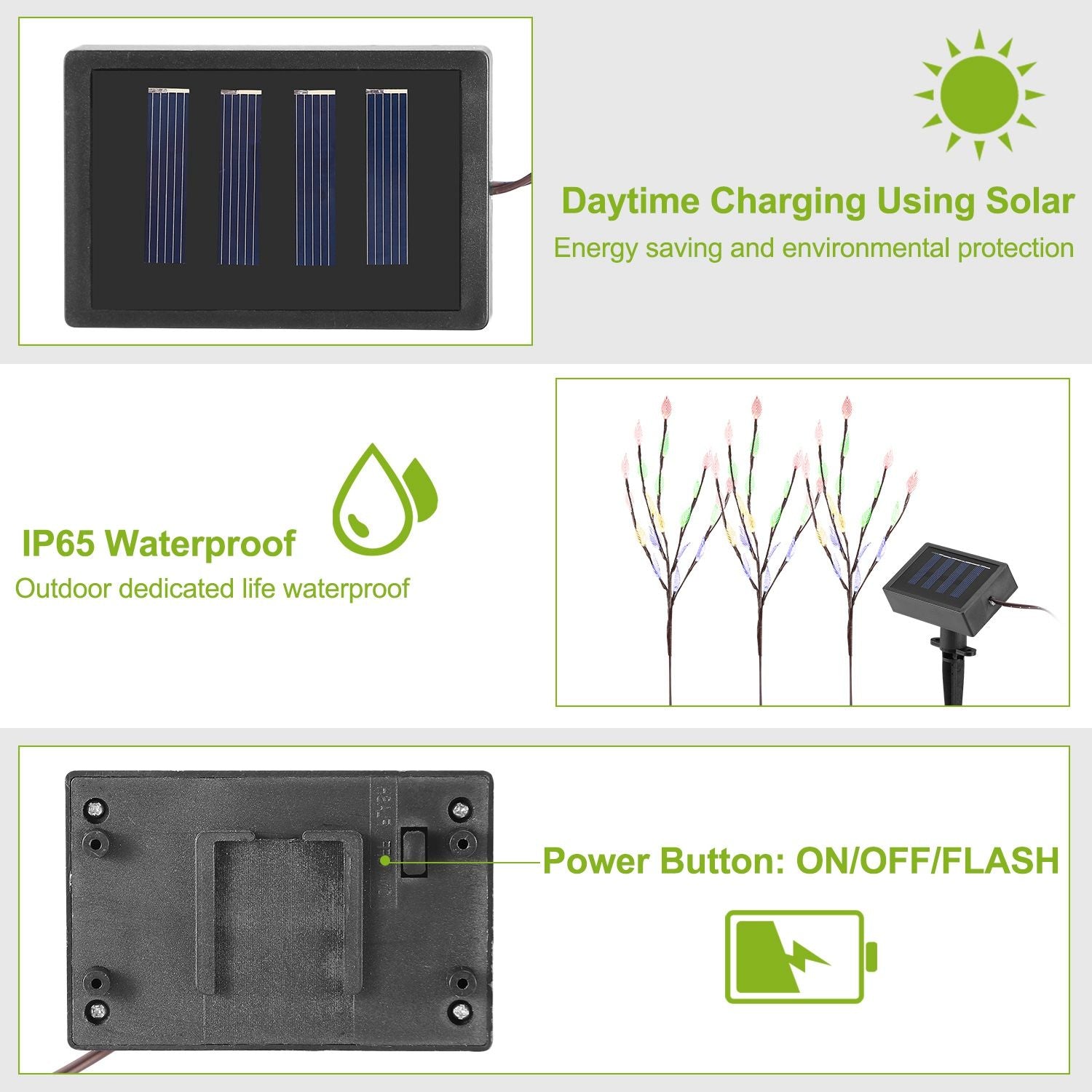 Solar-powered outdoor light featuring IP65 waterproof design, energy-saving solar panels, and a power button for ON/OFF/FLASH settings.