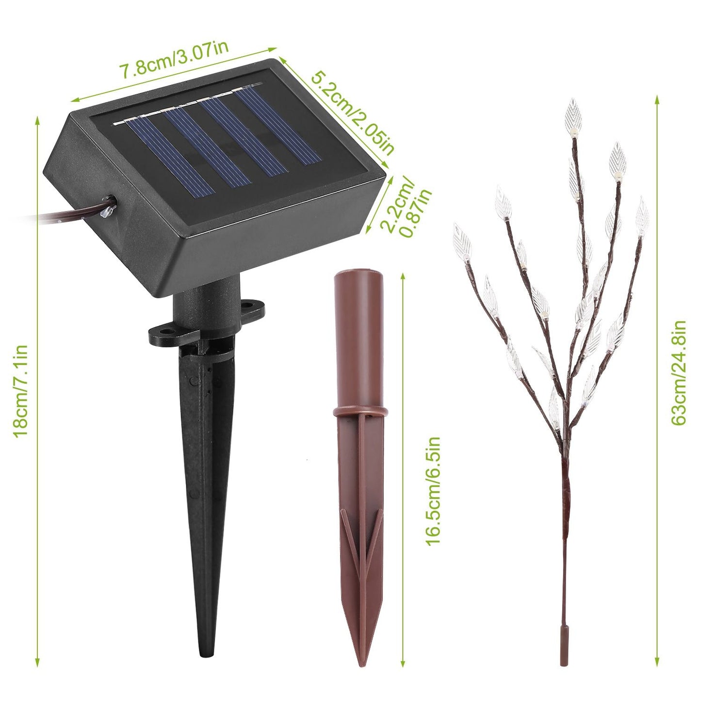 Solar-powered decorative light with leaf design, included ground stake and measurements for easy installation and display.