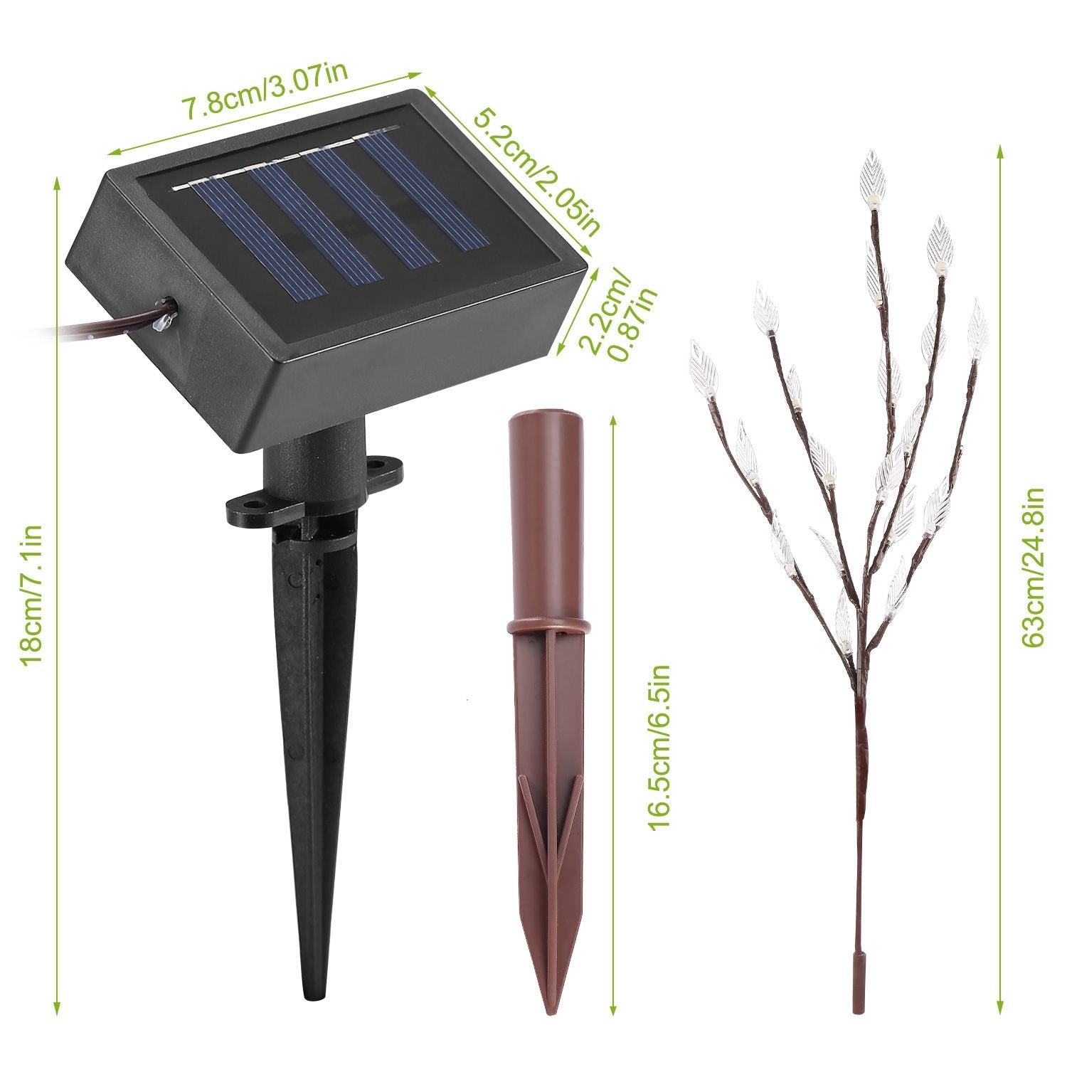 Solar-powered decorative light with leaf design, included ground stake and measurements for easy installation and display.