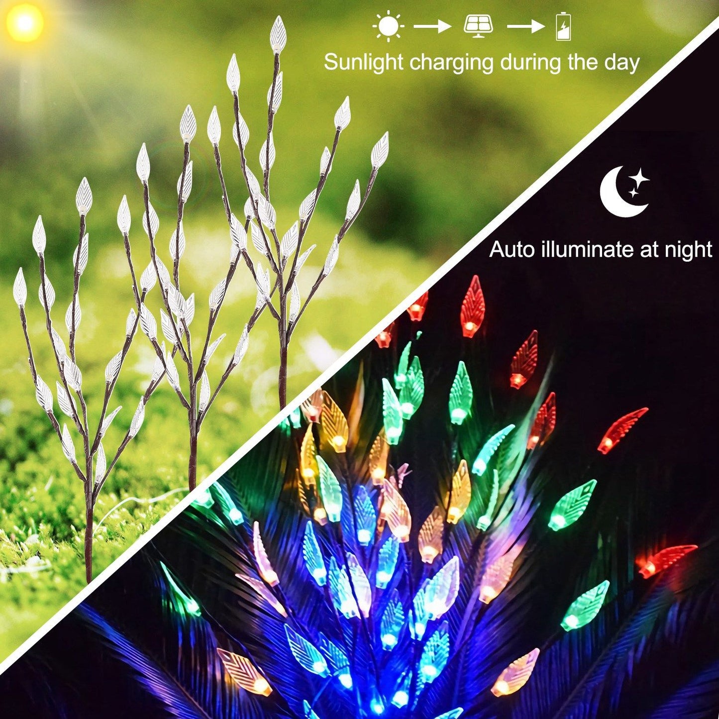 Solar-powered LED garden lights with decorative leaf designs, charging during the day and illuminating at night in vibrant colors.