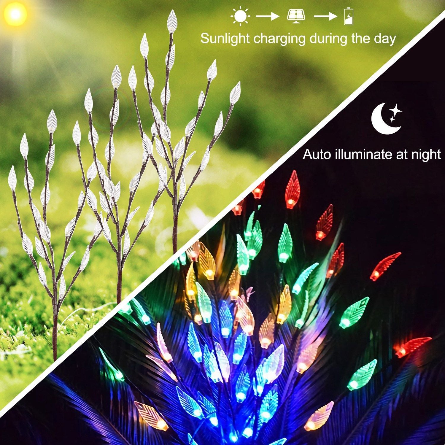 Solar-powered LED garden lights with decorative leaf designs, charging during the day and illuminating at night in vibrant colors.