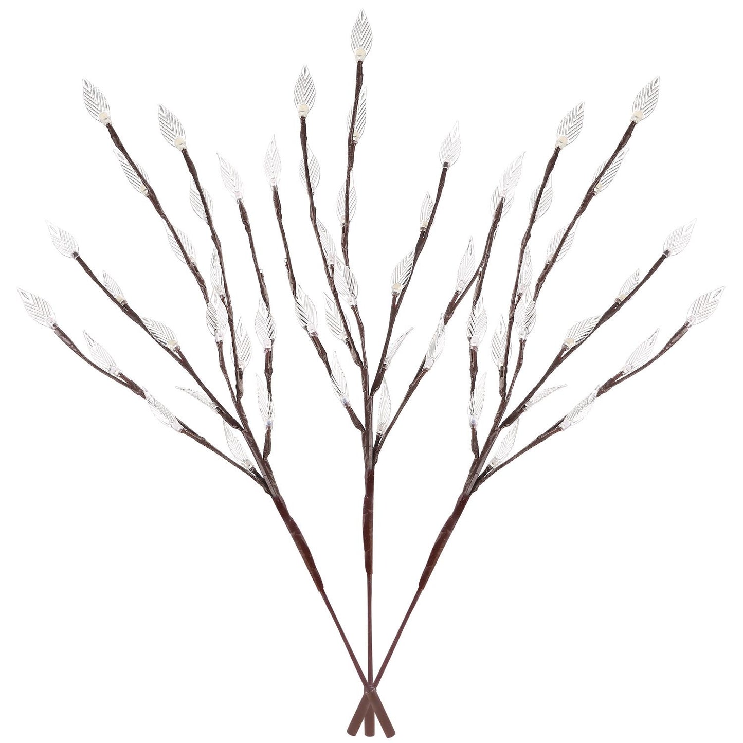 Decorative illuminated branches with clear leaf accents for indoor and outdoor home decor.