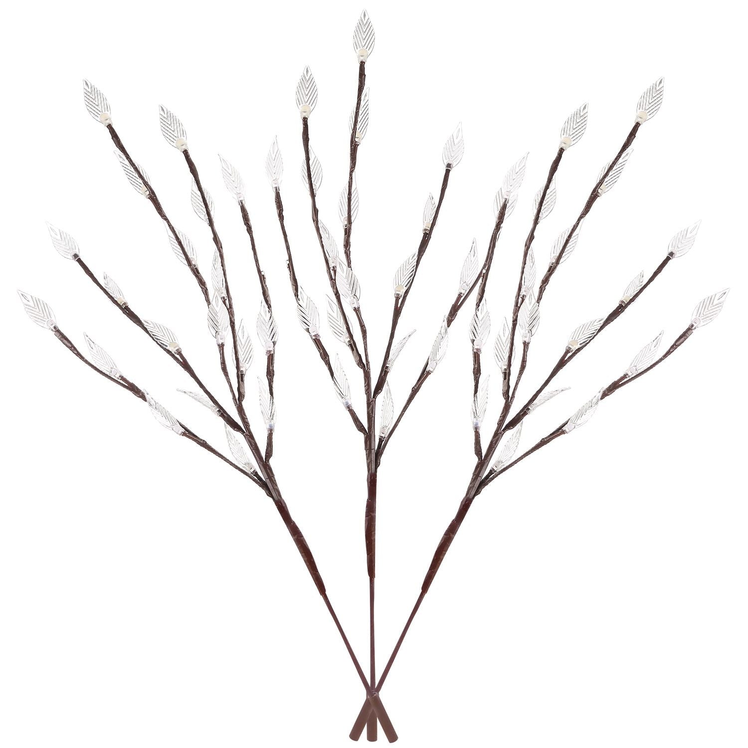 Decorative illuminated branches with clear leaf accents for indoor and outdoor home decor.
