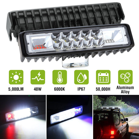 LED light bar with 5,000 lumens brightness, 48W power, 6000K color temperature, IP67 waterproof rating, and 50,000 hours lifespan, suitable for vehicles and outdoor use.