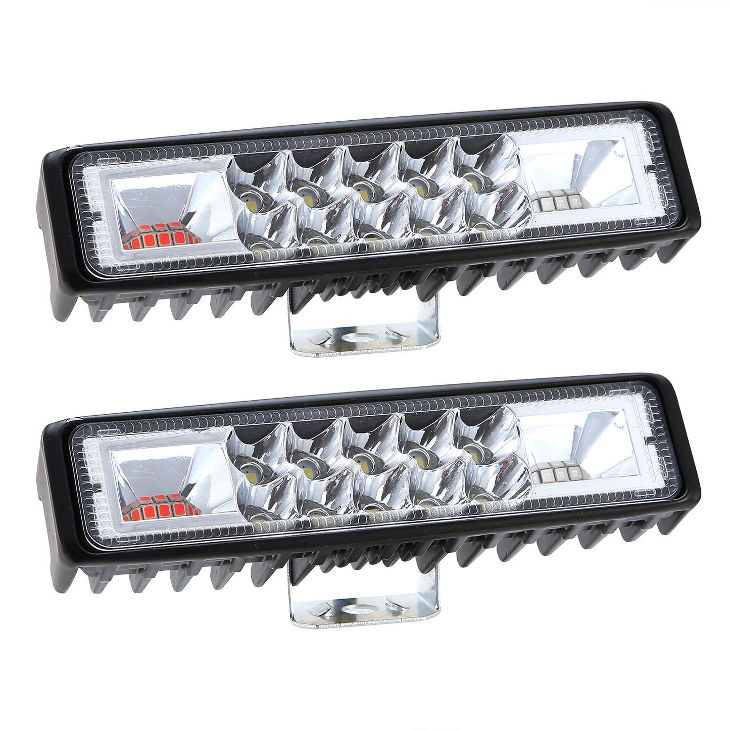 Pair of high-performance LED work lights with a sleek black housing, featuring multiple bright LEDs for enhanced visibility and durability, ideal for off-road or utility use.