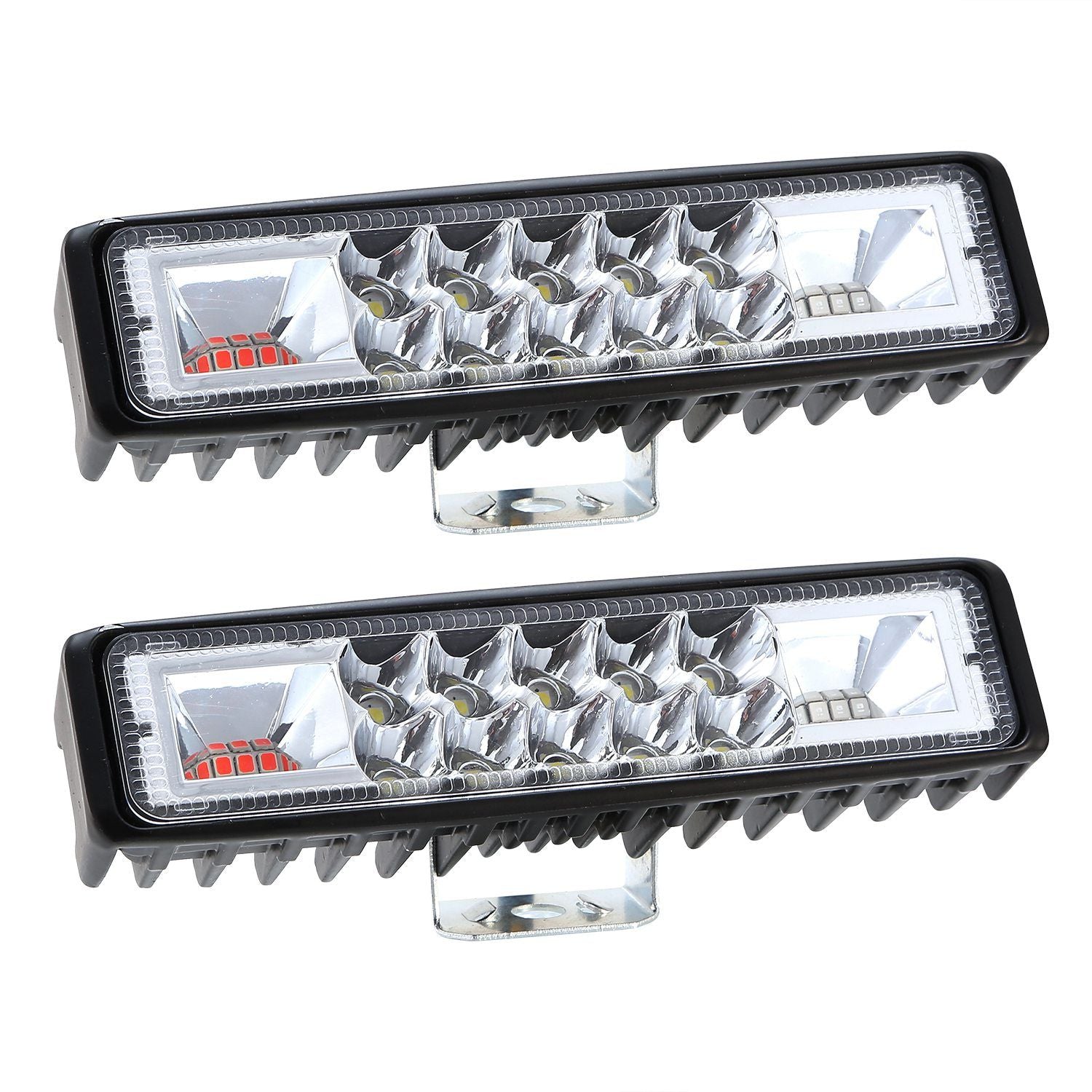 Pair of high-performance LED work lights with a sleek black housing, featuring multiple bright LEDs for enhanced visibility and durability, ideal for off-road or utility use.