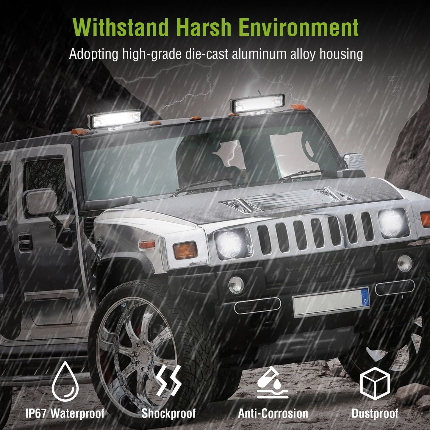 High-grade die-cast aluminum alloy light bar mounted on a rugged Hummer SUV, featuring waterproof, shockproof, and dustproof designs suitable for harsh environments, with rain and rocky terrain in the background.