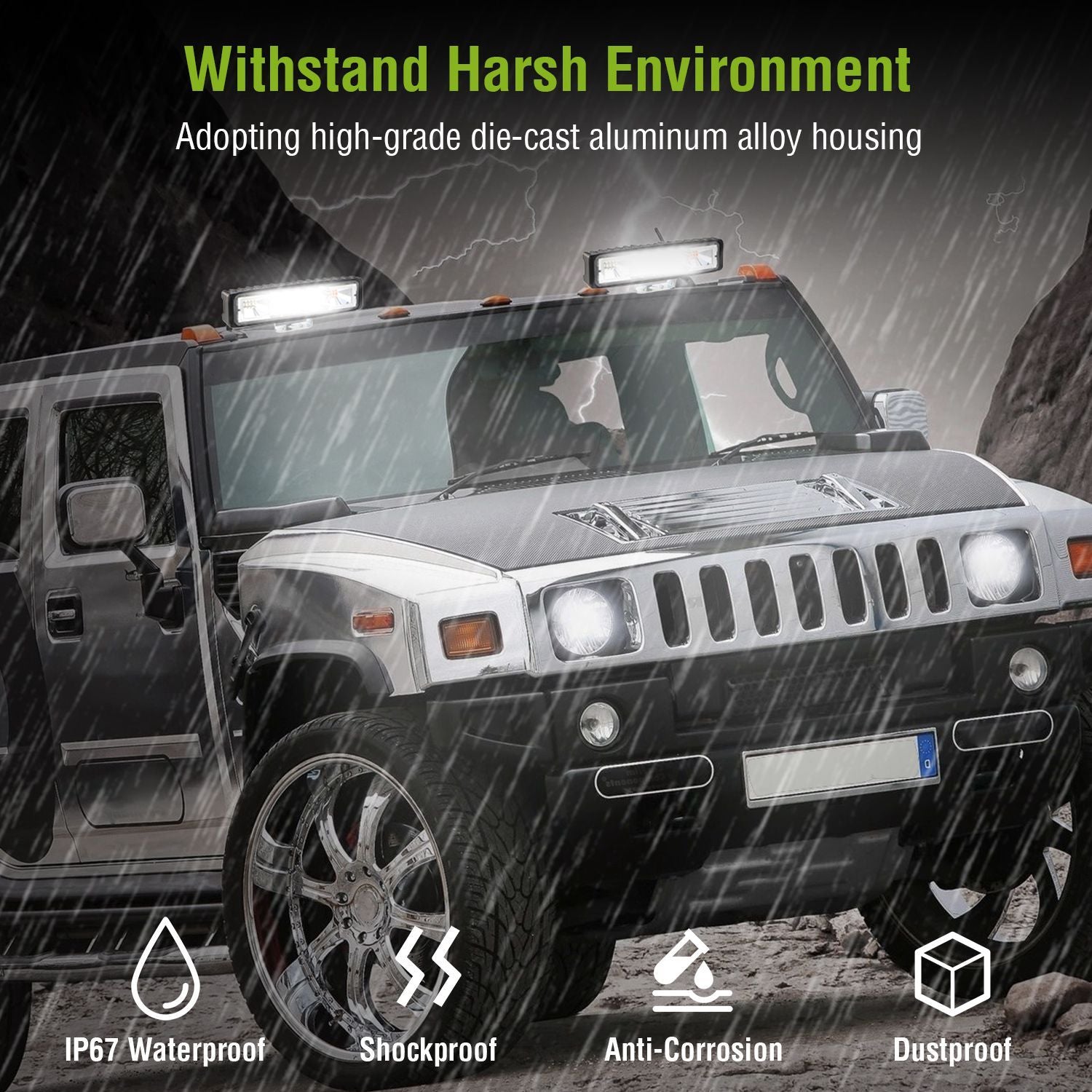 High-grade die-cast aluminum alloy light bar mounted on a rugged Hummer SUV, featuring waterproof, shockproof, and dustproof designs suitable for harsh environments, with rain and rocky terrain in the background.