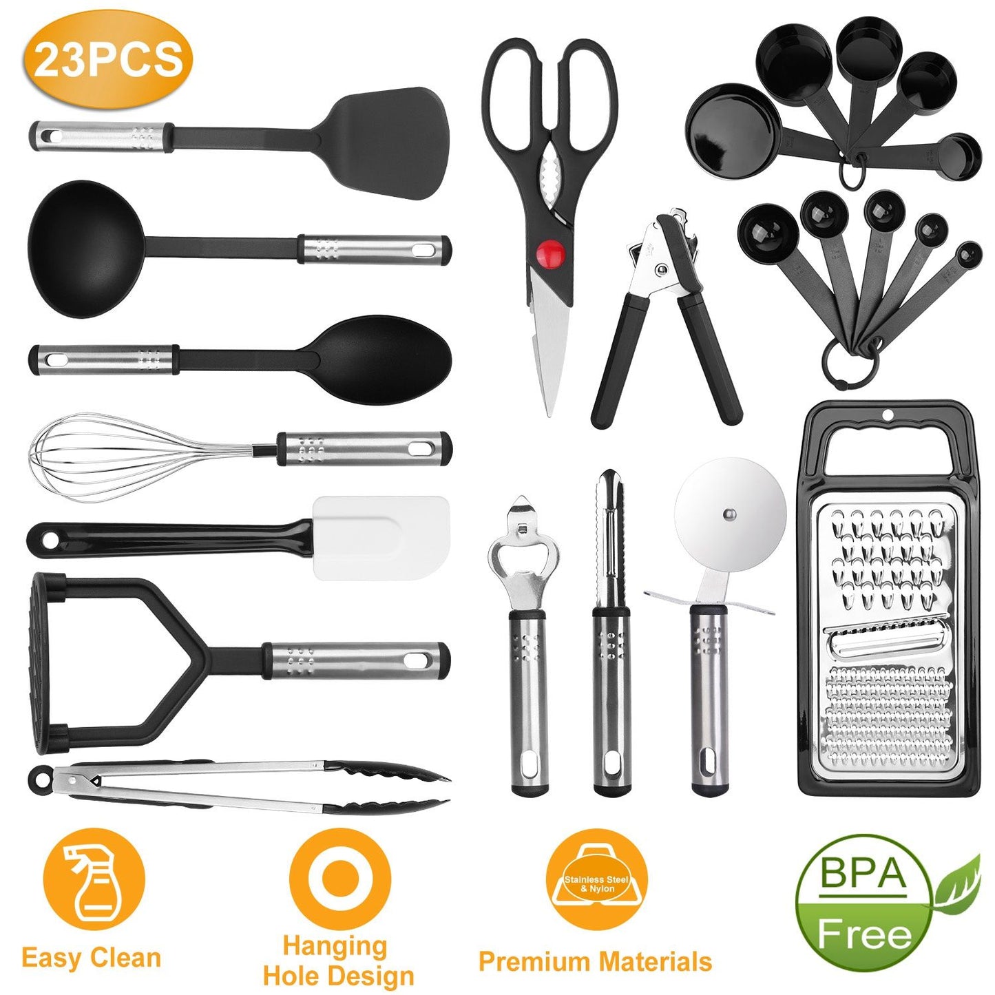 23-piece kitchen utensil set featuring versatile tools including spatula, ladle, whisk, tongs, and measuring cups, designed for easy cleaning and storage, made from premium materials, and BPA-free.