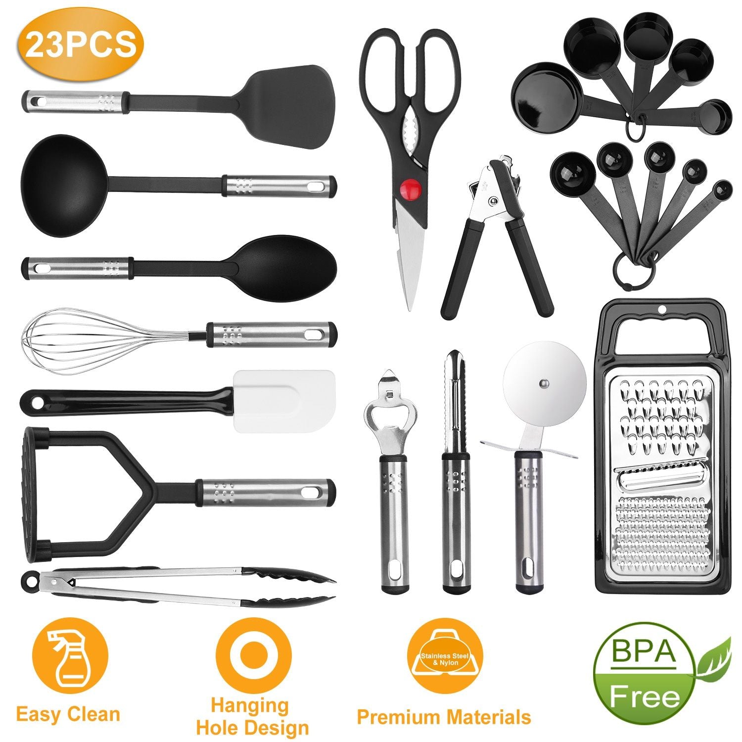 23-piece kitchen utensil set featuring versatile tools including spatula, ladle, whisk, tongs, and measuring cups, designed for easy cleaning and storage, made from premium materials, and BPA-free.