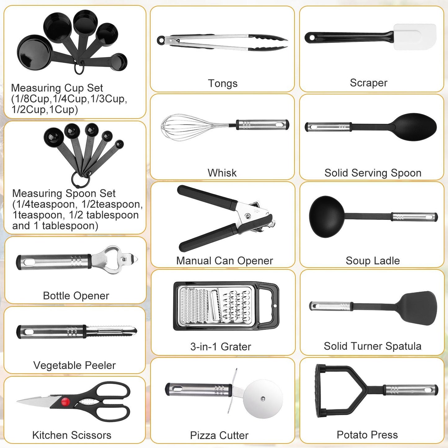 Assorted kitchen tools including measuring cups, measuring spoons, tongs, whisk, manual can opener, soup ladle, solid turner spatula, vegetable peeler, and pizza cutter, arranged in a grid format for easy reference.