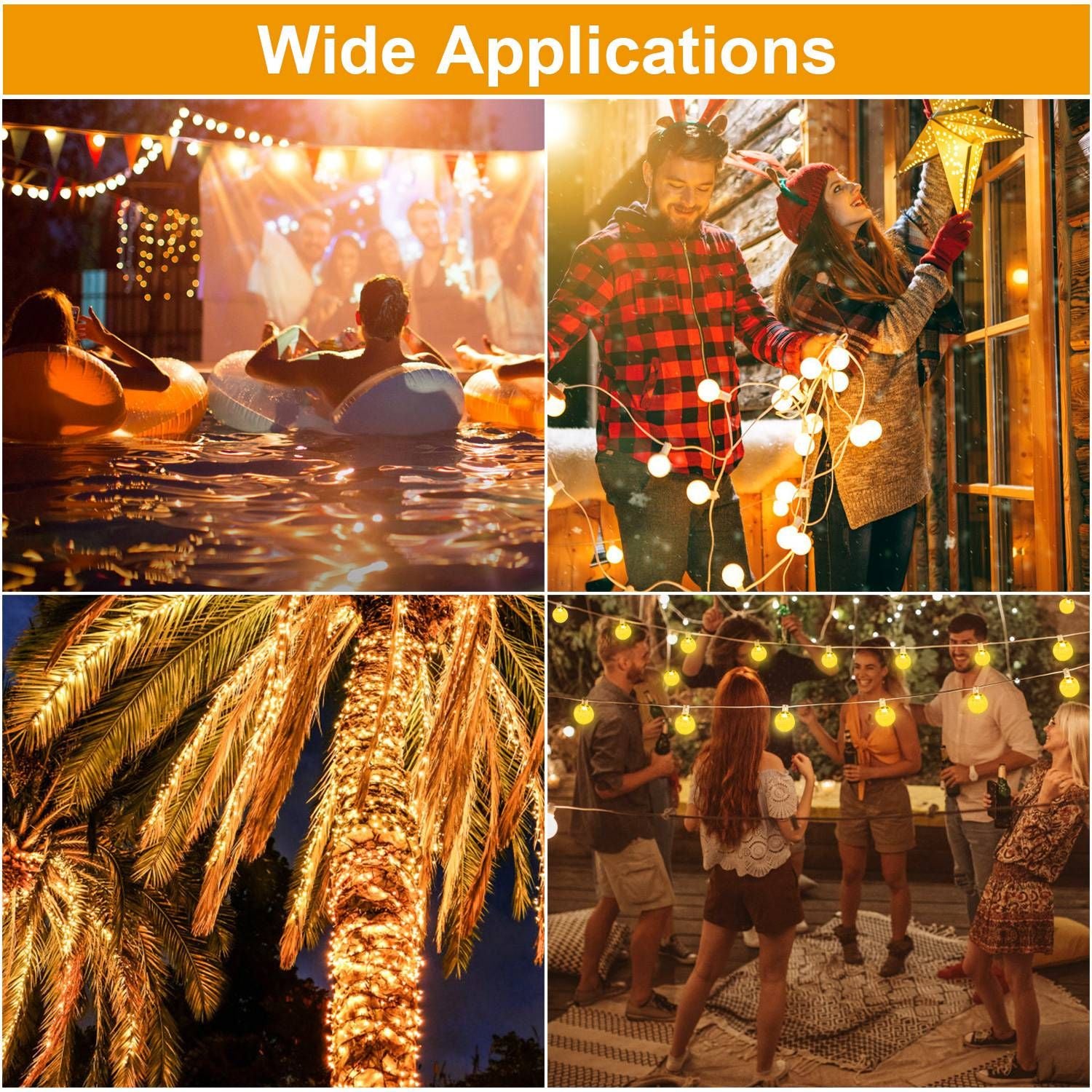 Collection of vibrant images showcasing a variety of festive applications for decorative lighting, including poolside gatherings, cozy indoor celebrations, illuminated palm trees, and outdoor parties, emphasizing joyful experiences and ambiance.