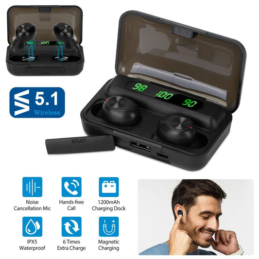 Wireless earbuds in charging case with digital display, featuring noise-cancellation mic, IPX5 waterproof rating, and a 1200mAh charging dock for extended use.