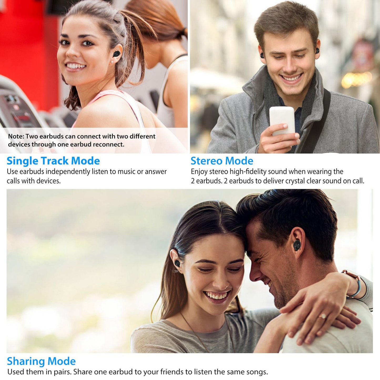 Wireless earbuds showcasing three modes: Single Track Mode for independent use, Stereo Mode for high-fidelity sound, and Sharing Mode to share music with friends.