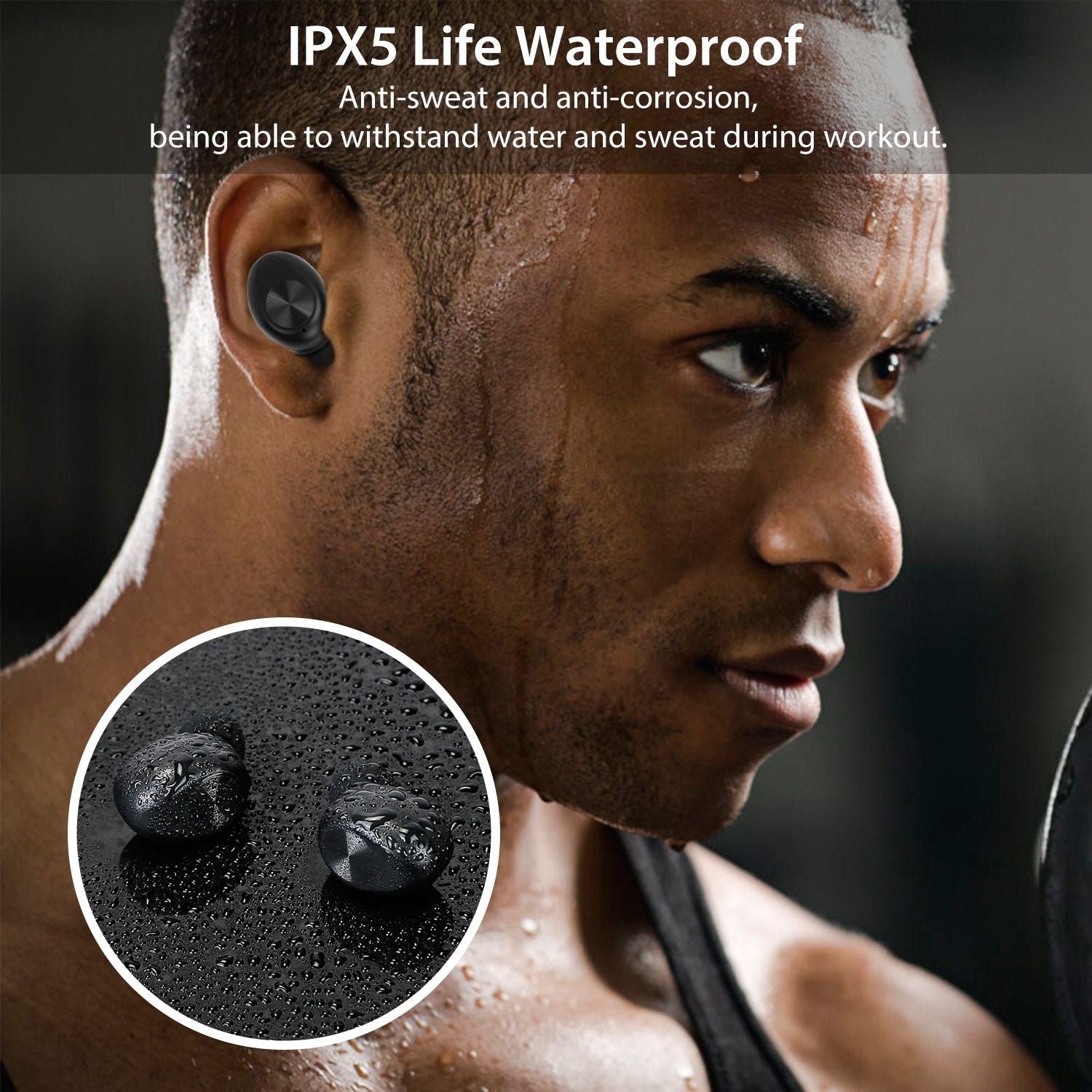 Wireless waterproof earbuds featuring IPX5 rating, designed for active lifestyles with a sleek black finish, showcased alongside raindrops.