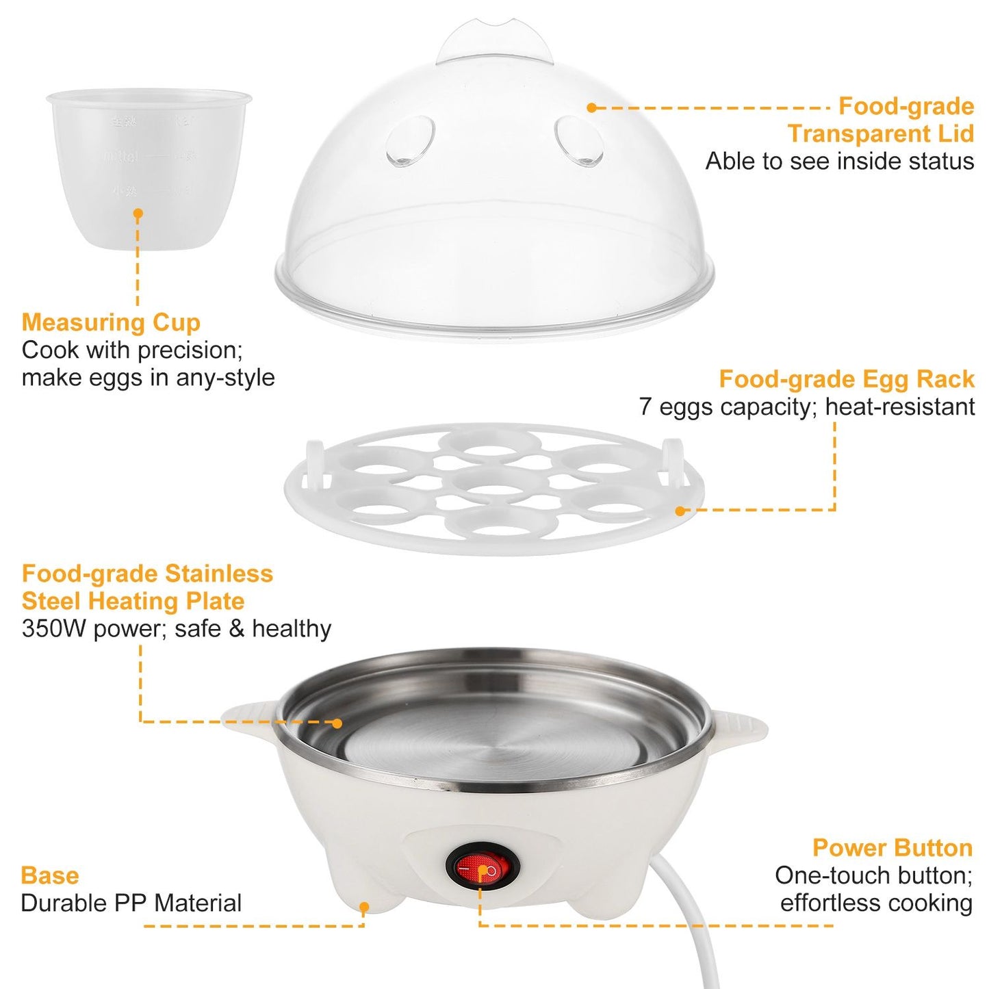 Egg cooker with measuring cup, transparent lid, stainless steel heating plate, and egg rack for 7 eggs; features a one-touch power button for easy cooking.
