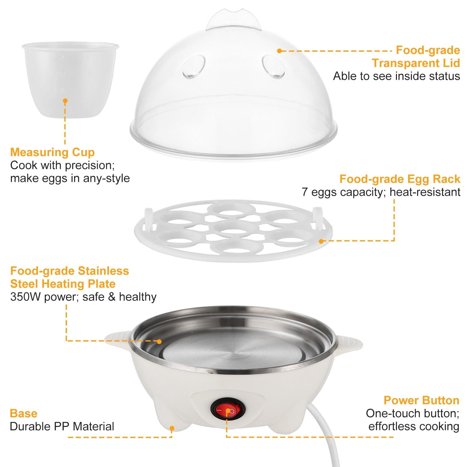 Egg cooker with measuring cup, transparent lid, stainless steel heating plate, and egg rack for 7 eggs; features a one-touch power button for easy cooking.