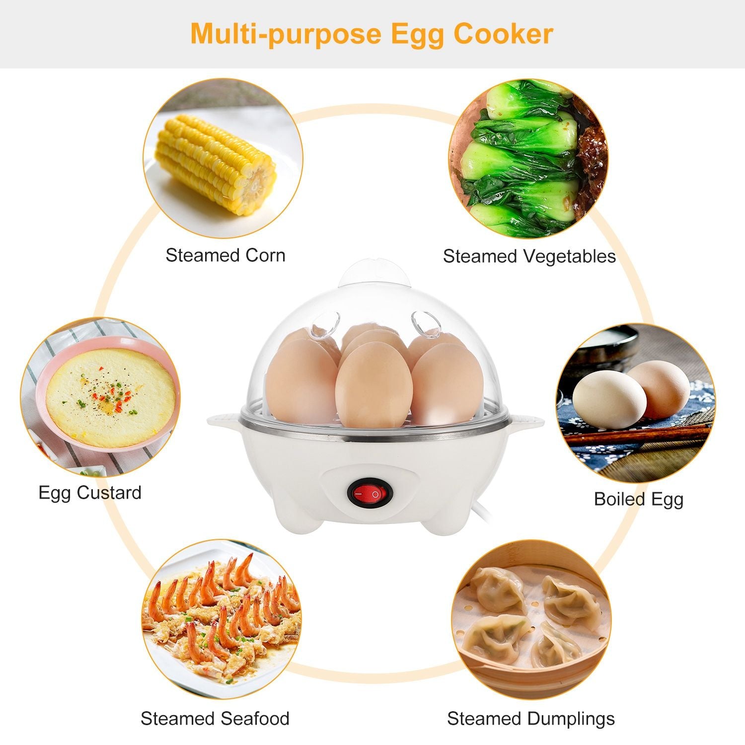 Multi-purpose egg cooker with six eggs, surrounded by images of steamed corn, vegetables, seafood, dumplings, egg custard, and boiled eggs, showcasing its versatile cooking capabilities.