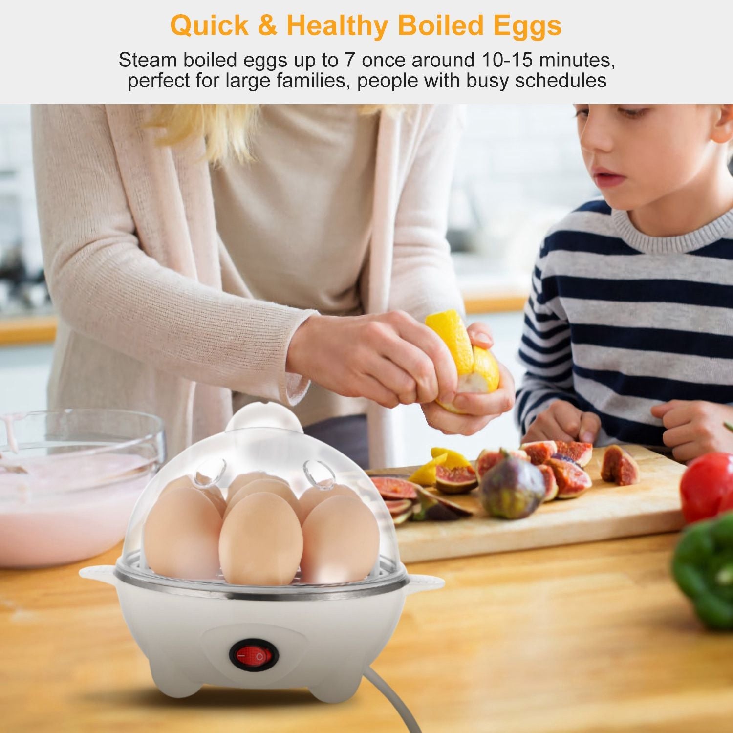 Egg cooker with six eggs, steaming on the kitchen counter while a person prepares food, highlighting its efficiency for quick and healthy meals in large families.