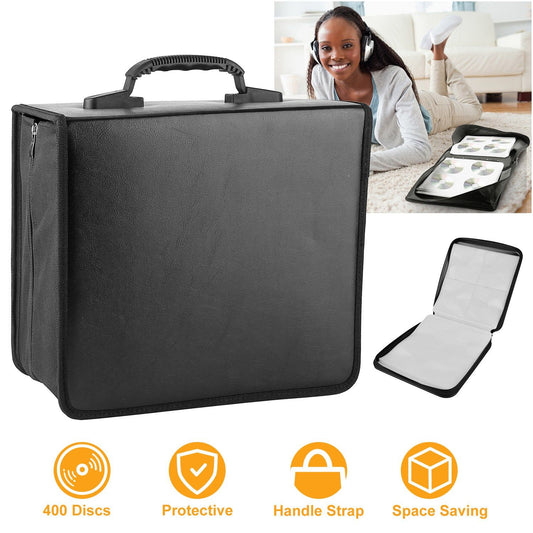 Black storage case for up to 400 discs, featuring a protective design with a handle strap and space-saving structure, displayed alongside a user listening to music comfortably.