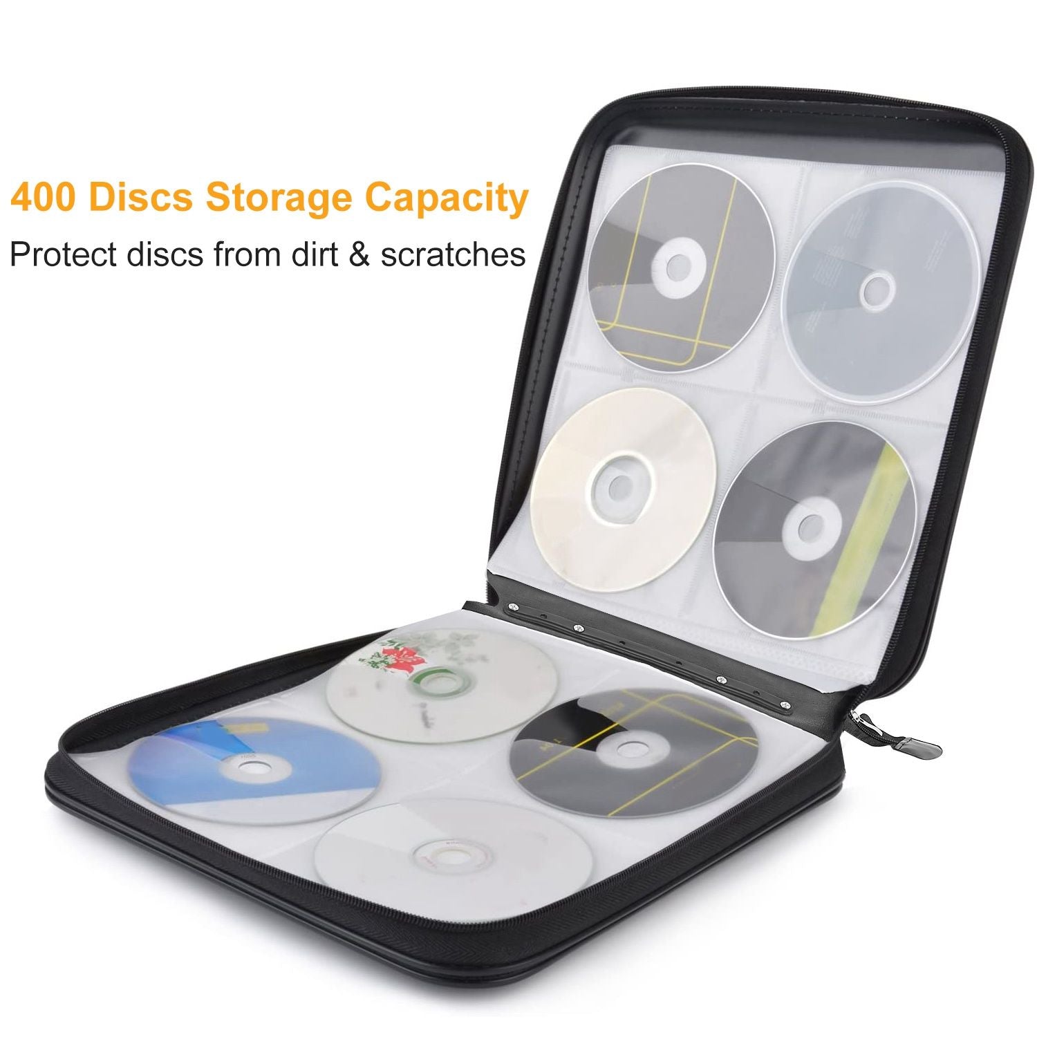 CD and DVD storage case with 400 disc capacity, showcasing organized discs in protective sleeves to guard against dirt and scratches.