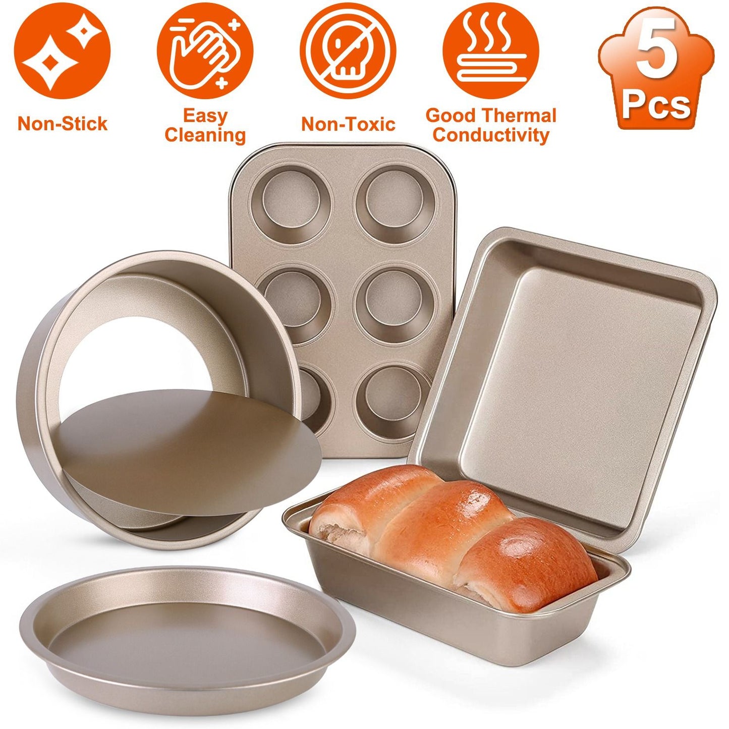 5-piece non-stick baking set featuring various bakeware including a loaf pan, pie pan, and muffin tray, ideal for easy cleaning and safe cooking.