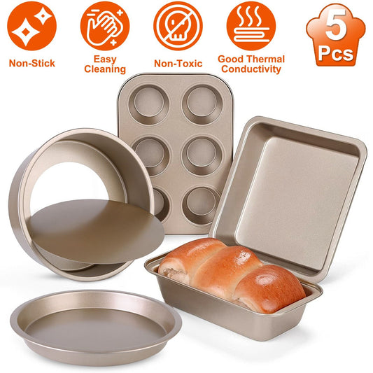 5-piece non-stick baking set featuring various bakeware including a loaf pan, pie pan, and muffin tray, ideal for easy cleaning and safe cooking.