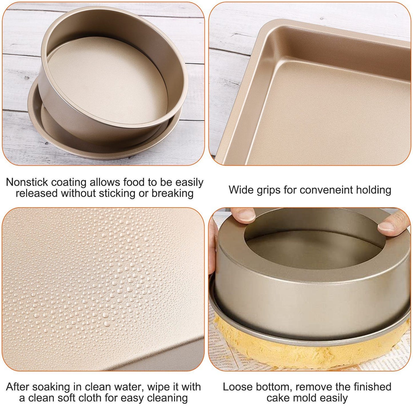 Nonstick baking pan set featuring easy-release design, wide grips for convenient handling, and a removable bottom for effortless cake removal, shown on a textured wooden surface.