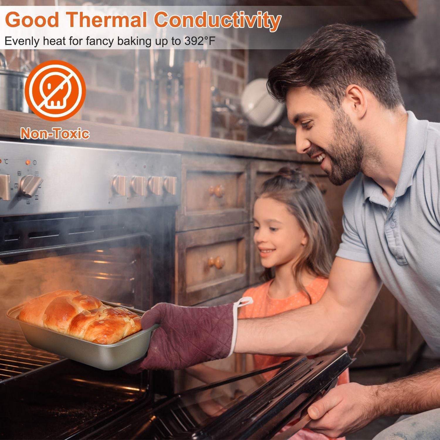 Person using a non-toxic baking pan with good thermal conductivity to take freshly baked bread out of the oven, showcasing a stylish kitchen setup.